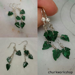 Dark green jade leaves silver earrings