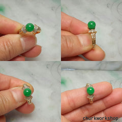 Green color jade ring, 18K bead ring