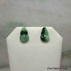 Green jade frog silver ear stud