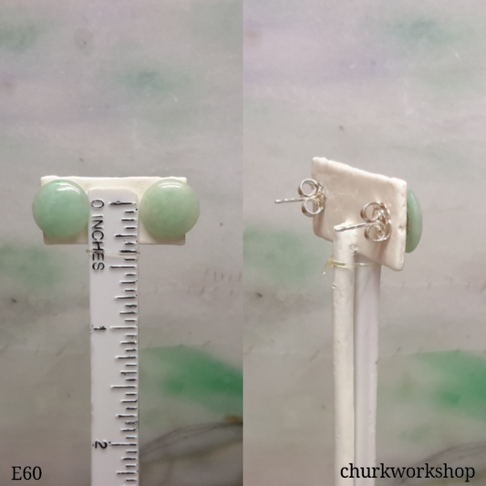Pale green jade disc silver ear studs