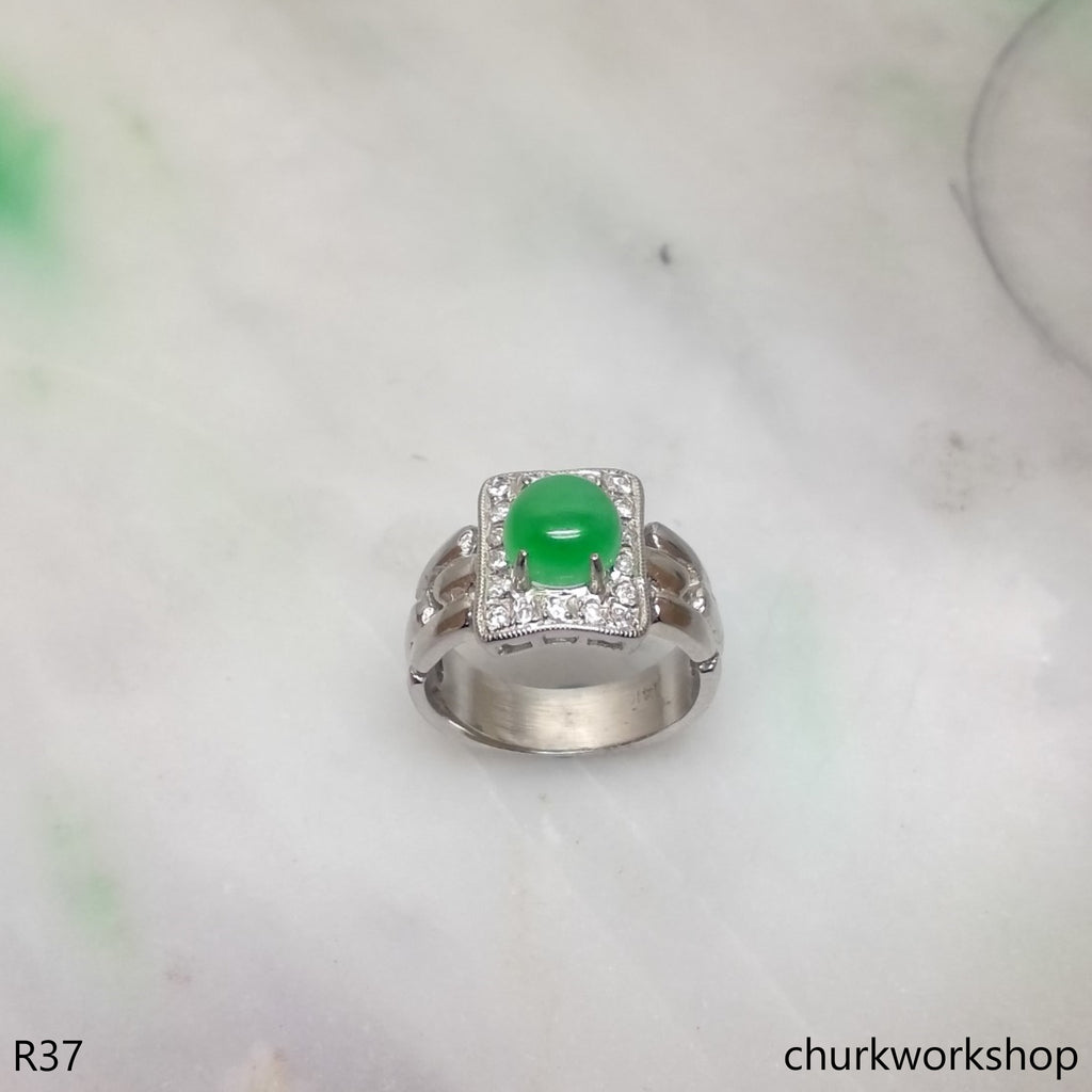 Green jade ring, 14k white gold jade