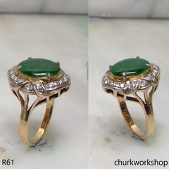 14k yellow gold diamond dark green jade ring