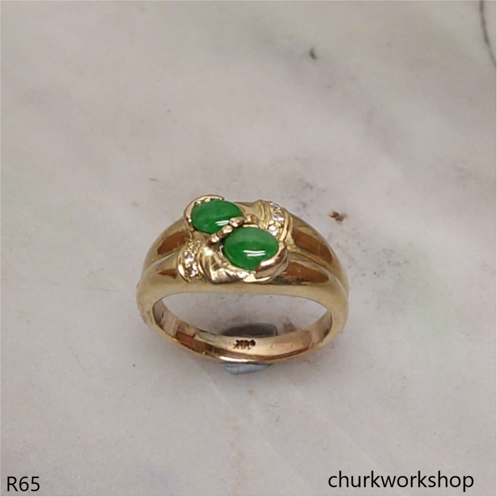14k yellow gold diamond small green jade ring
