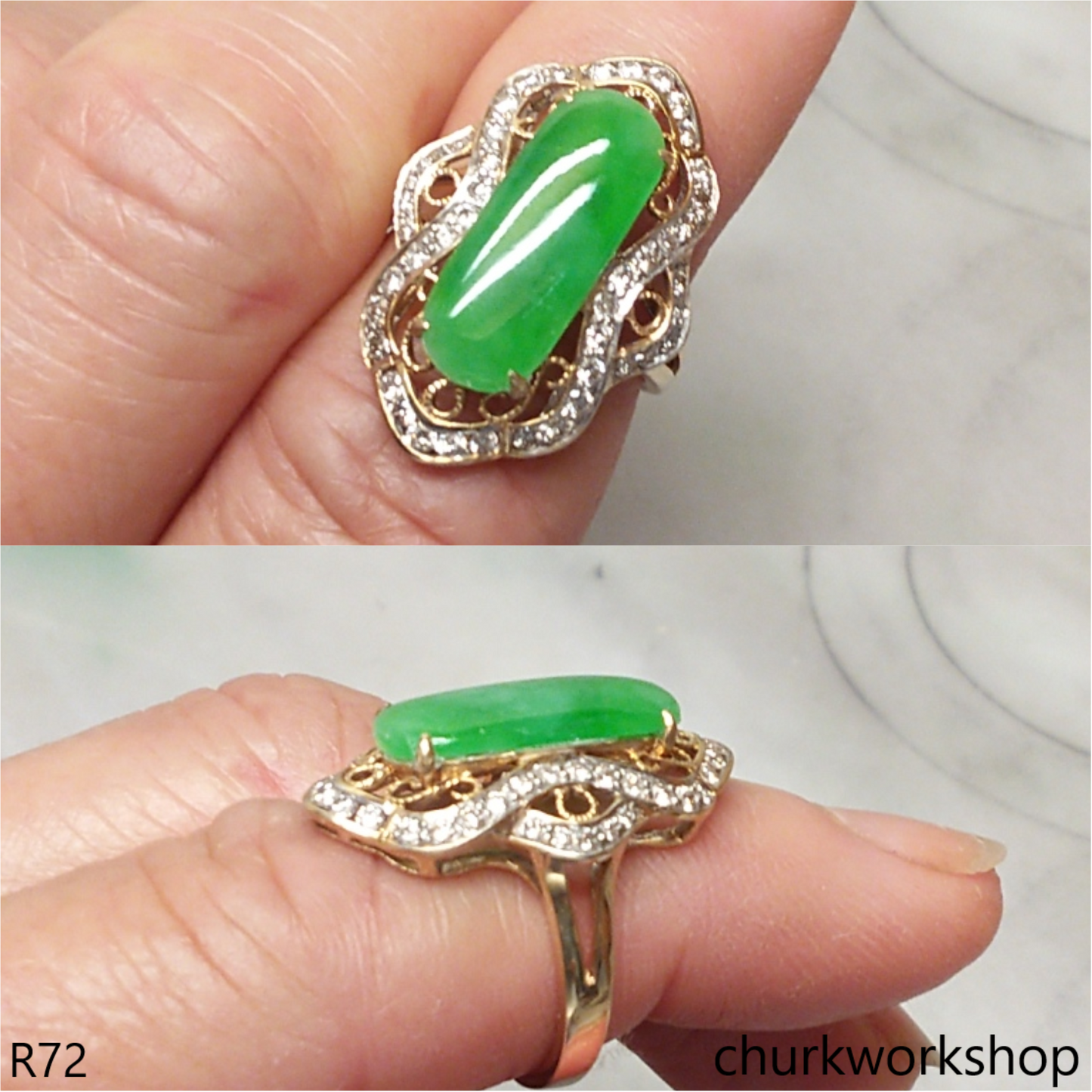 18K yellow gold diamond green jade ring