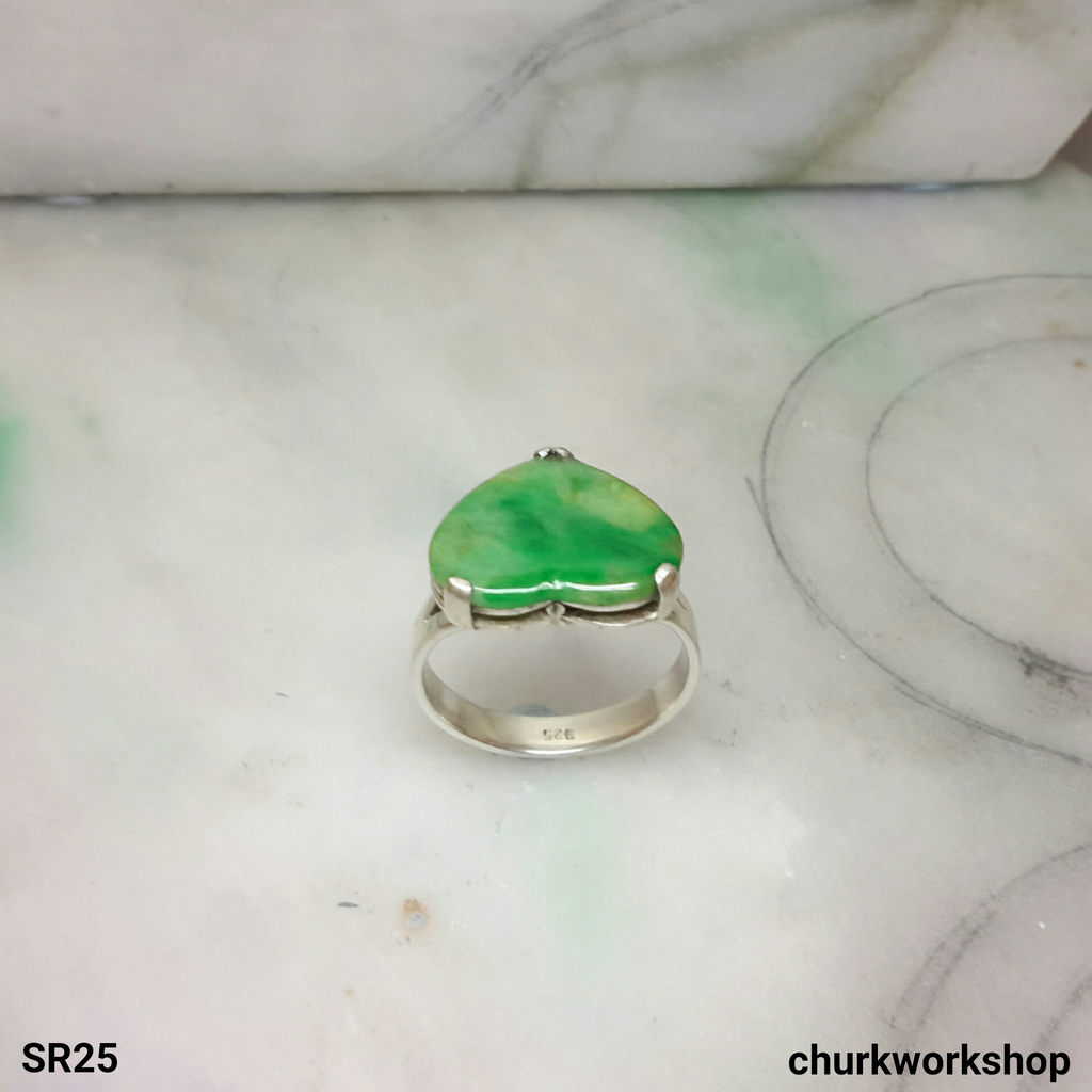 Green heart jade silver ring, heart jade ring
