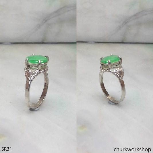 Silver green oval jade ring