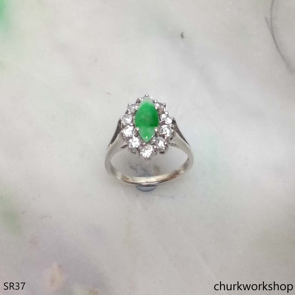 Silver green marquise jade ring