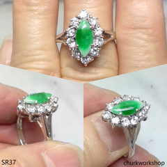 Silver green marquise jade ring