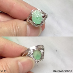 Silver light green flower jade ring