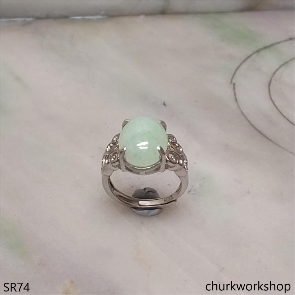 Light green jade oval sterling silver ring