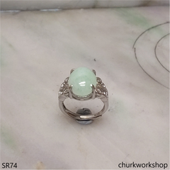 Light green jade oval sterling silver ring