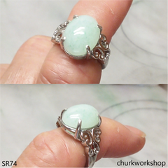 Light green jade oval sterling silver ring