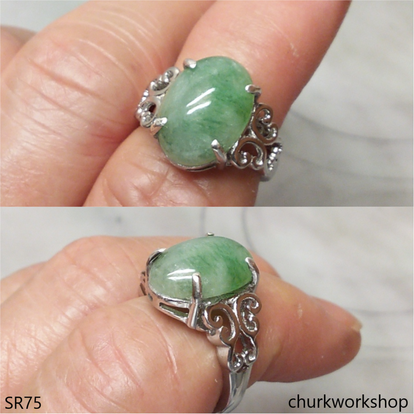 Green jade oval sterling silver ring