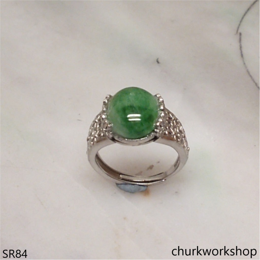 Green jade oval sterling silver ring