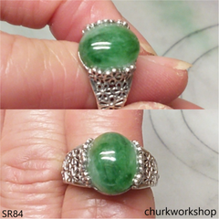 Green jade oval sterling silver ring