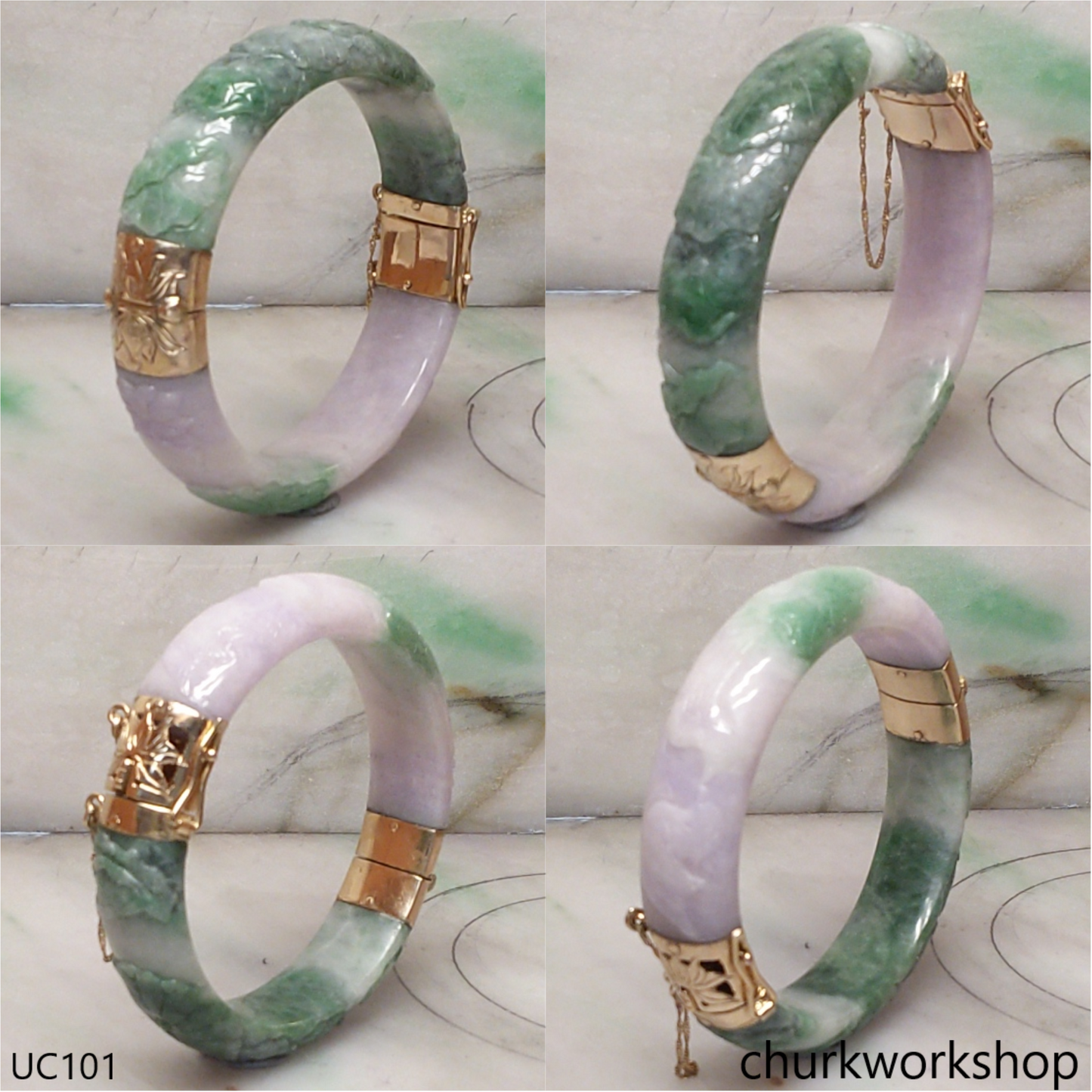 Lavender mix green jade 14K yellow gold hinge bangle