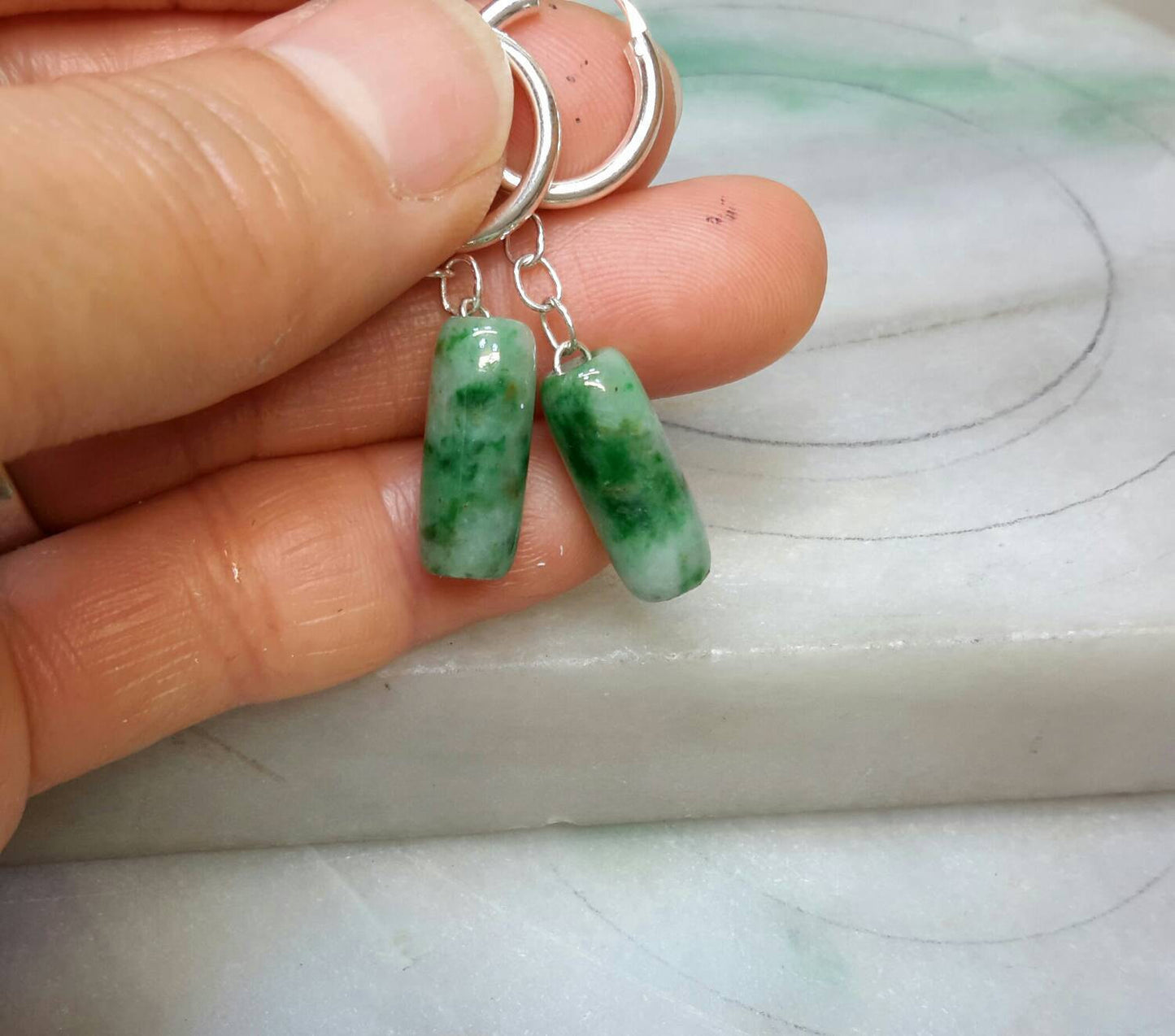Green jade beads silver earrings