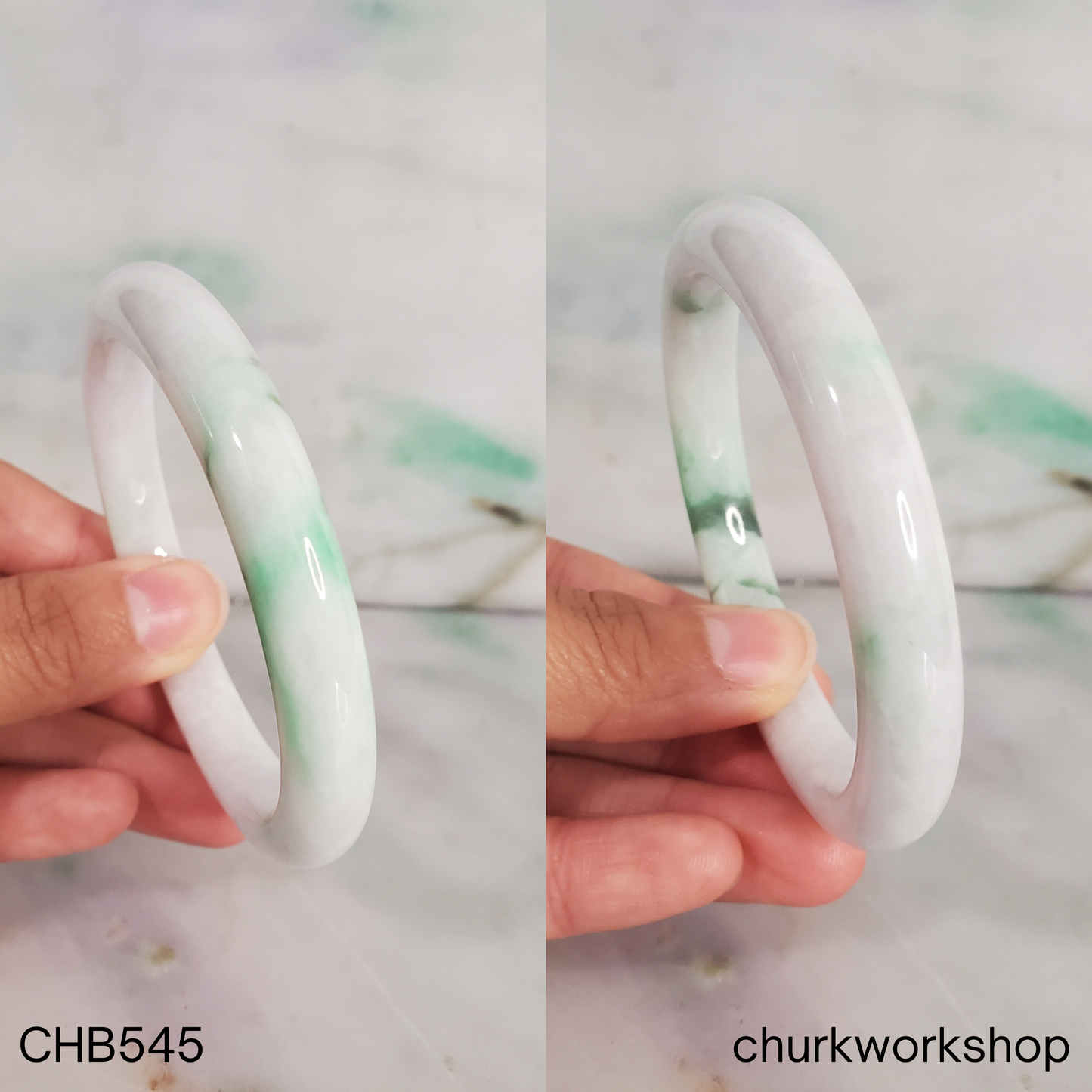 White with splotch of bright apple green and dark green jade bangle
