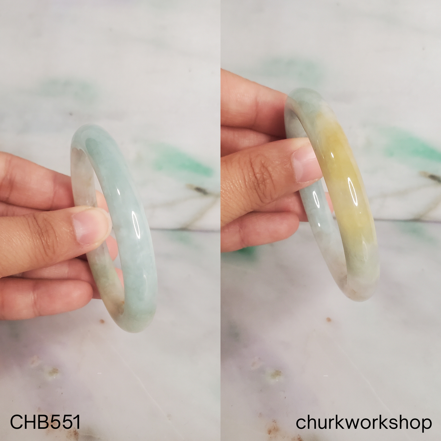 Pale apple green and light yellow brown jade bangle