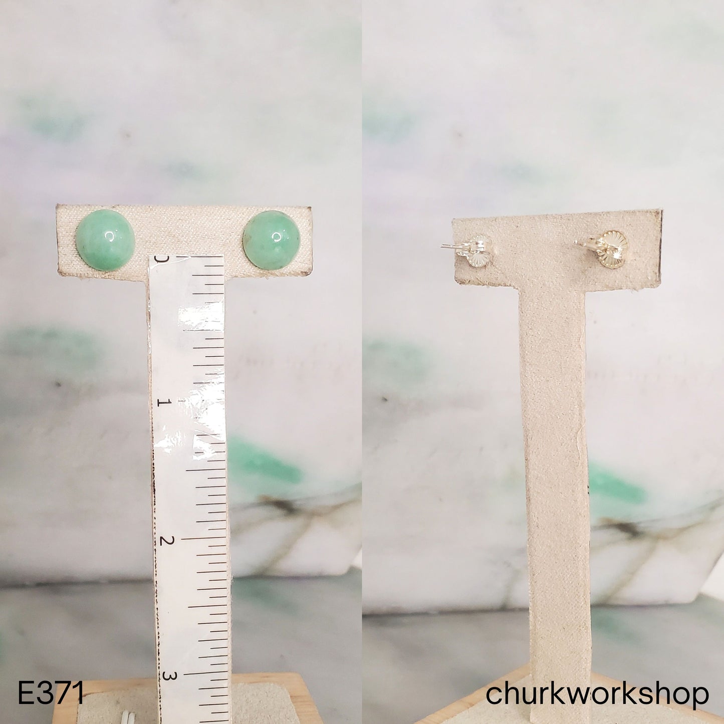 Green Half Bead Jade Stud Earrings