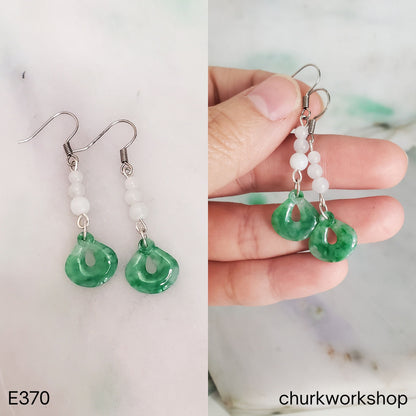 Green Jade with White Beads Dangling Earrings