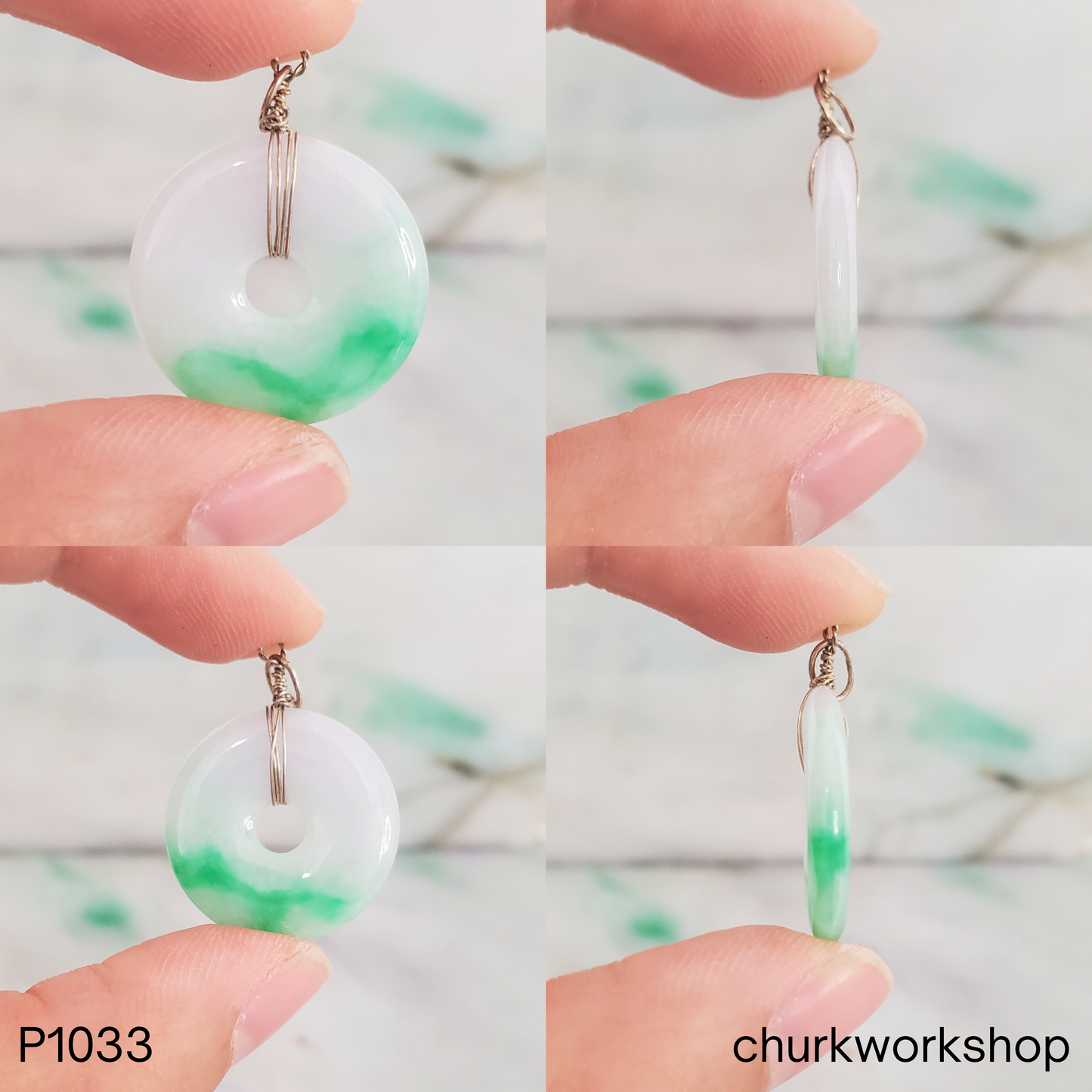 White and green jade donut pendant