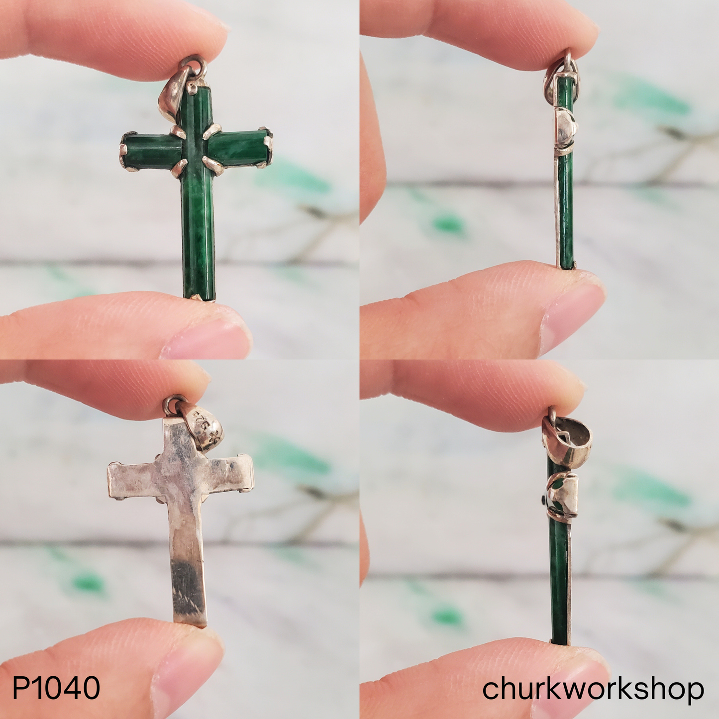 Dark blueish green jade cross pendant