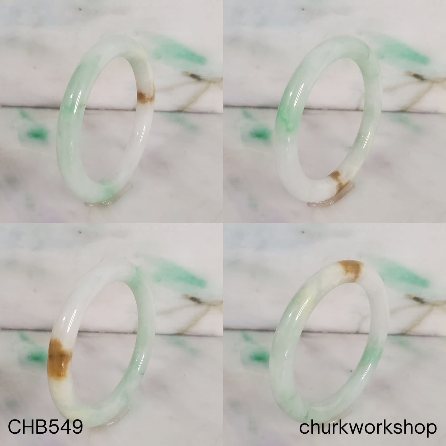 Pale green with light apple green and brown spot jade bangle