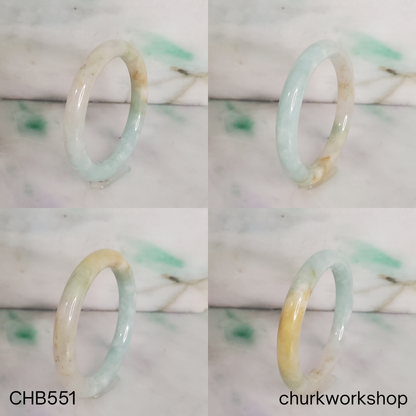 Pale apple green and light yellow brown jade bangle