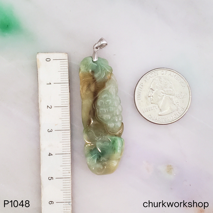 Grape vine carved brown and green jade pendant