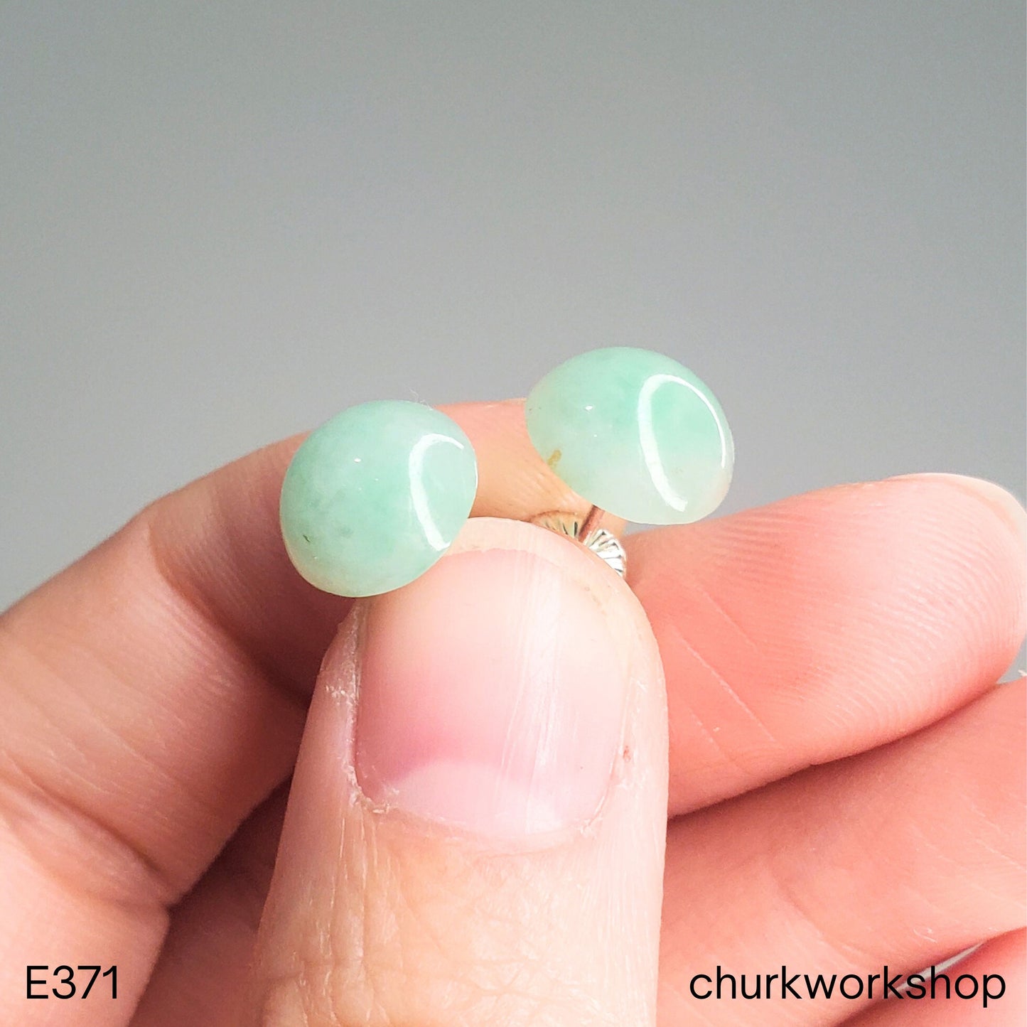 Green Half Bead Jade Stud Earrings