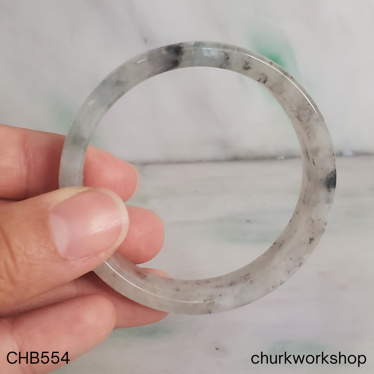 Transparent grey and dark grey and green splotches jade bangle