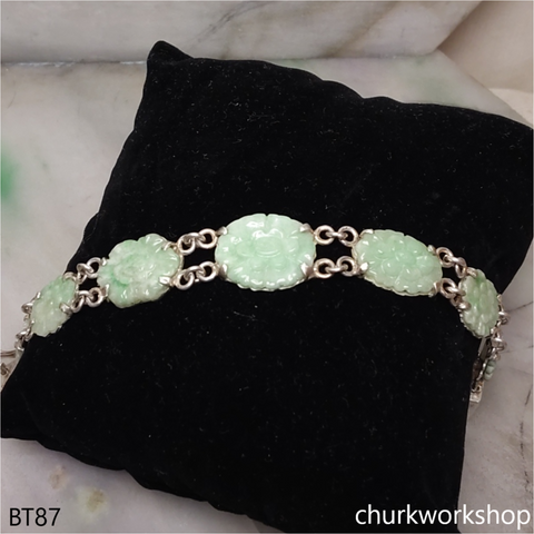 Light green jade flowers silver bracelet
