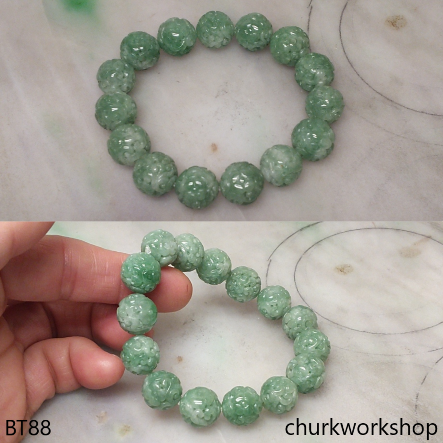 Green carved jade beads bracelet
