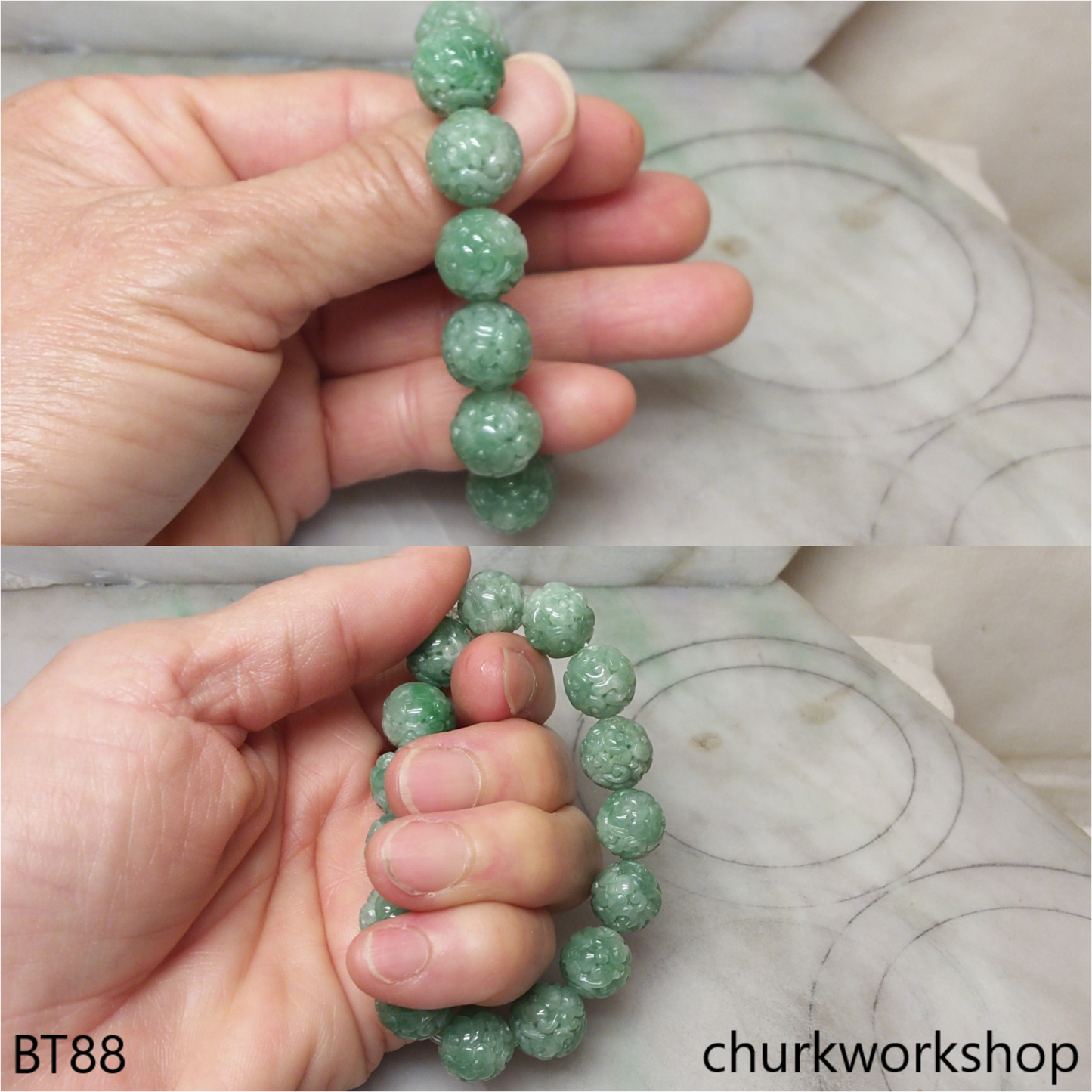 Green carved jade beads bracelet
