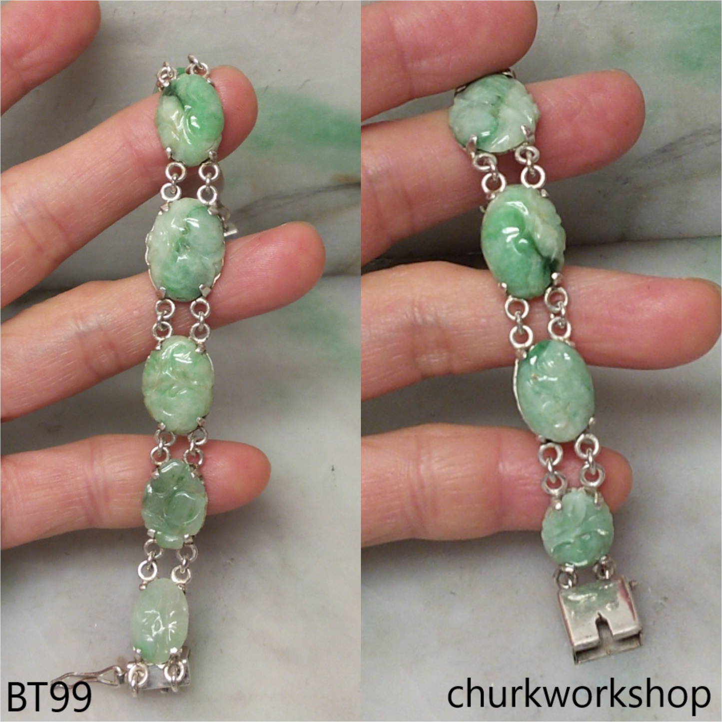 Light green jade peach silver bracelet