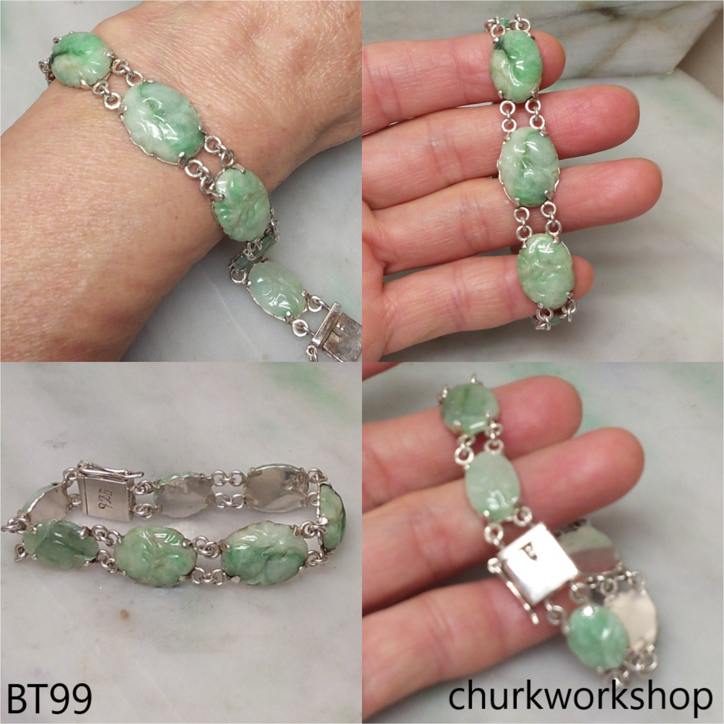 Light green jade peach silver bracelet