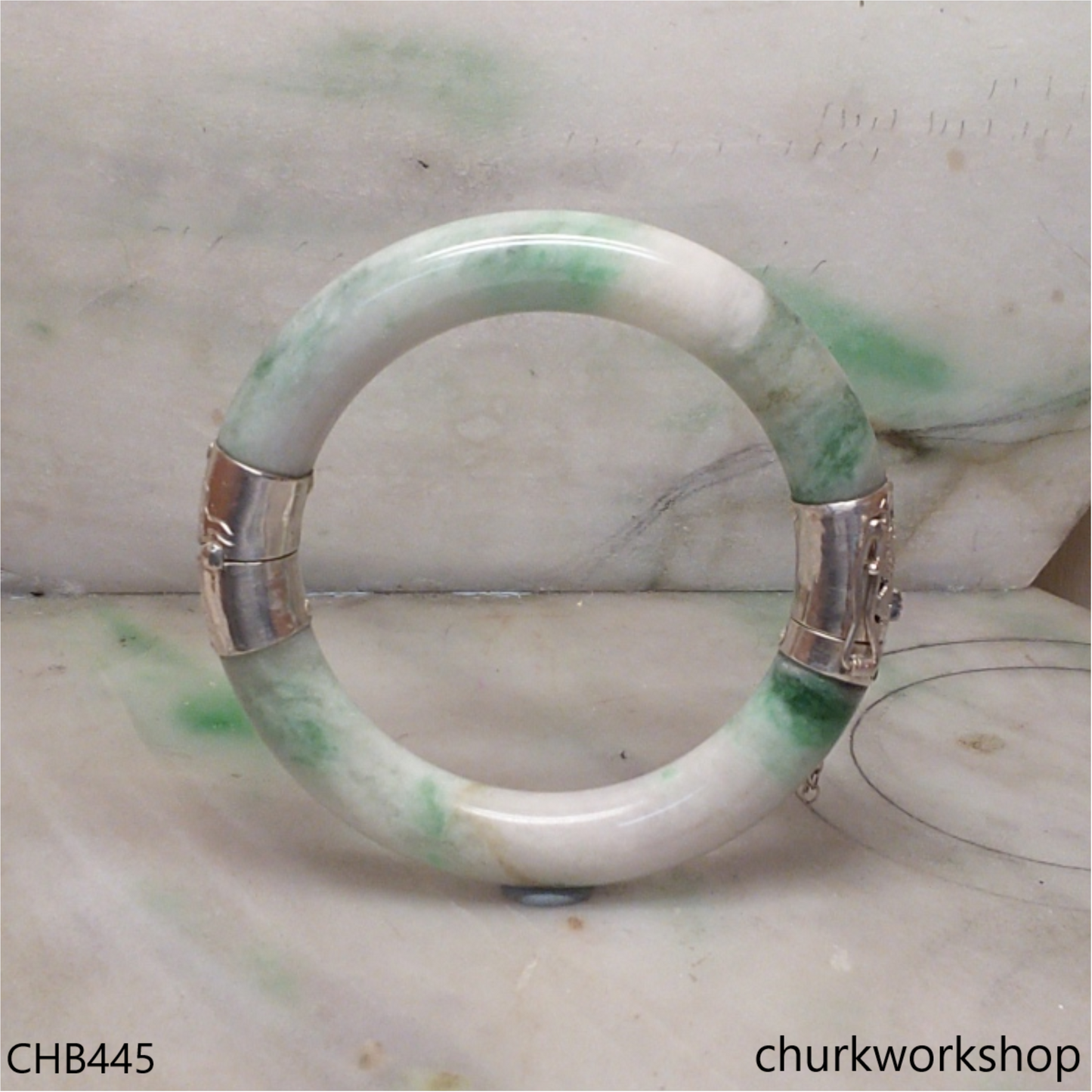 White & green hinges jade bangle