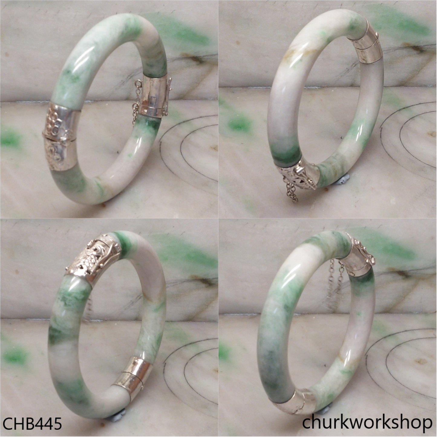 White & green hinges jade bangle