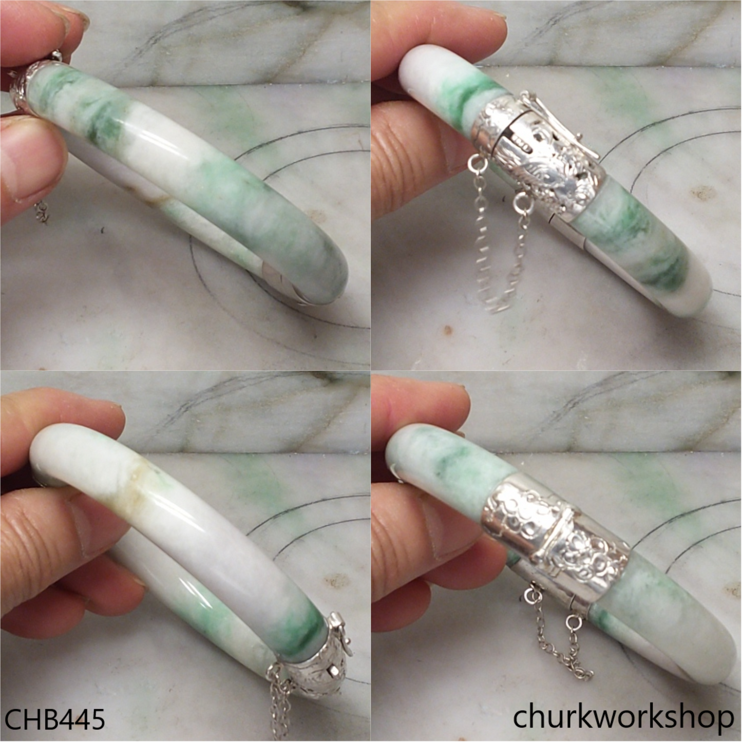 White & green hinges jade bangle