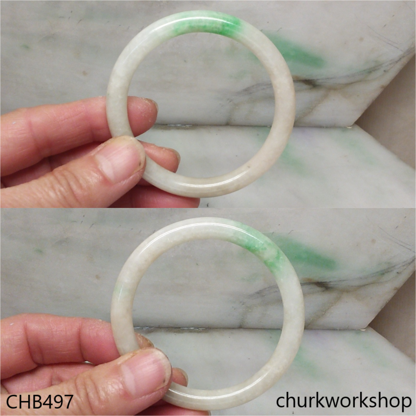 White base with splotches green jade bangle