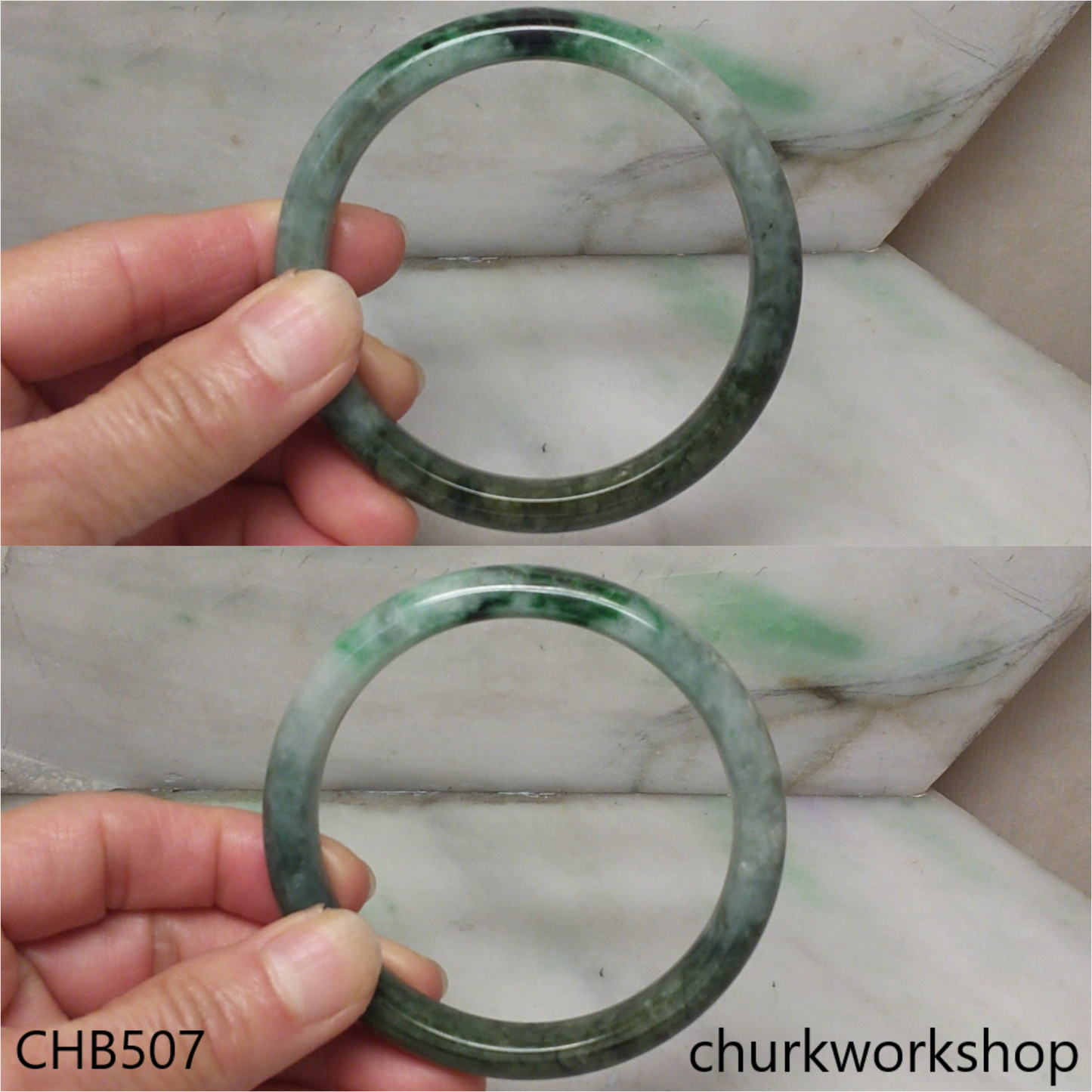 Large grayish base with green splotches jade bangle