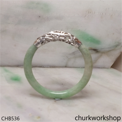Light green jade bangle with silver wrapping