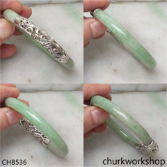Light green jade bangle with silver wrapping