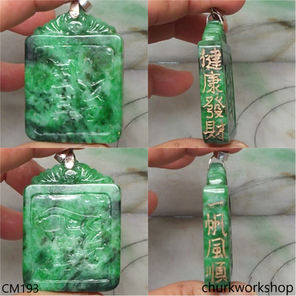 Custom cut green jade pendant