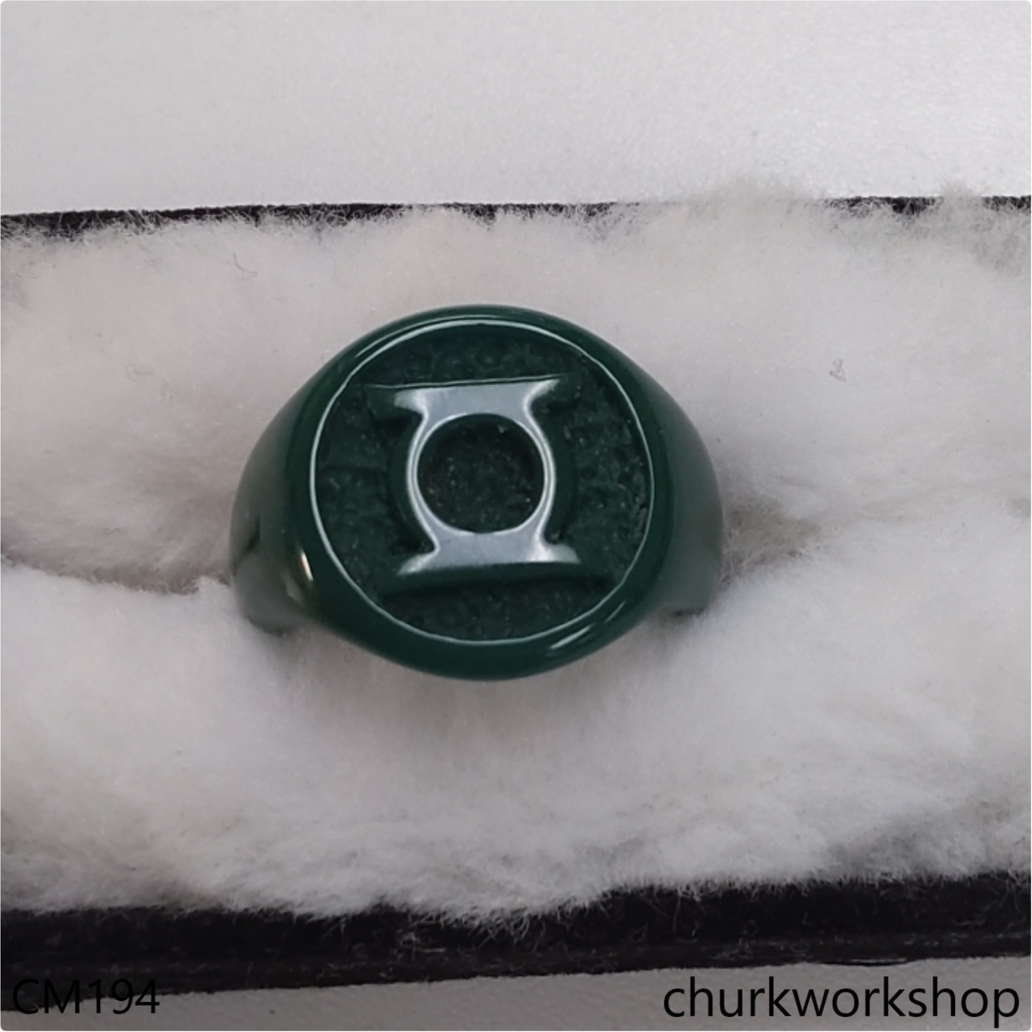 Custom cut green jade signet ring