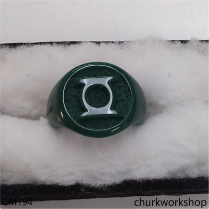Custom cut green jade signet ring