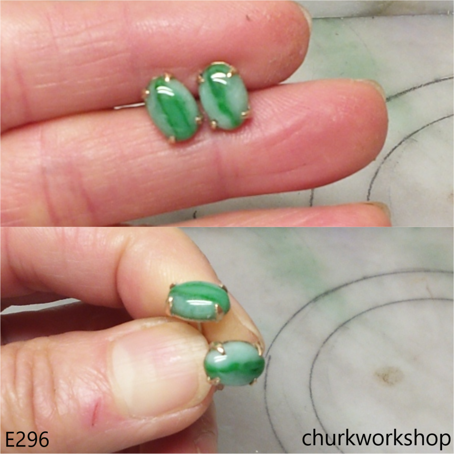 Green jade cabochon 14K ear studs