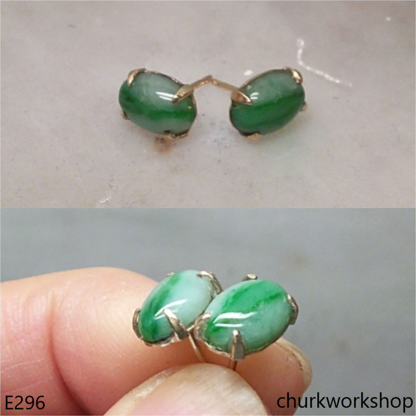 Green jade cabochon 14K ear studs