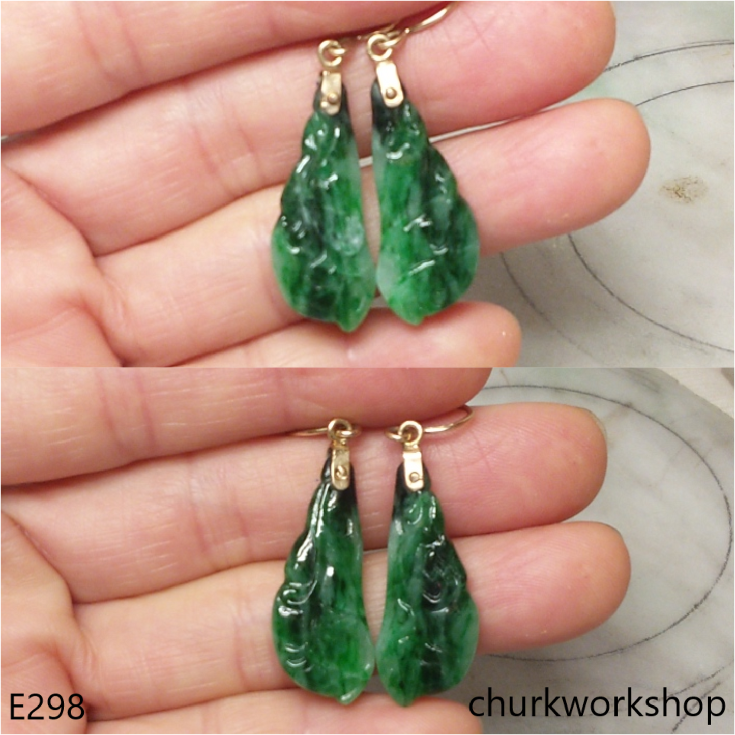 14K green jade leaf earrings